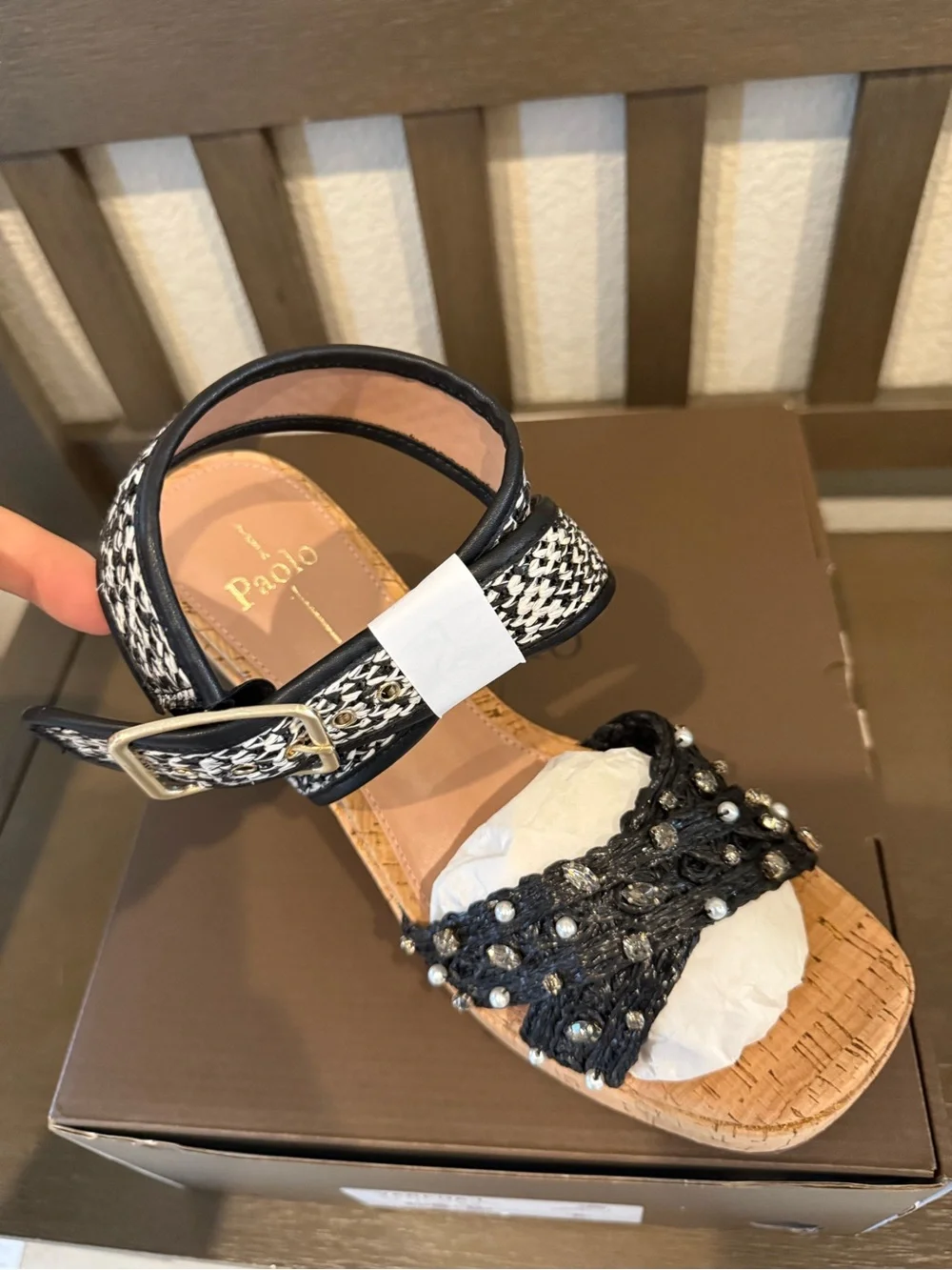 NWT LEATHER  Varena Black Raffia Woven Cork Wedge Sandal